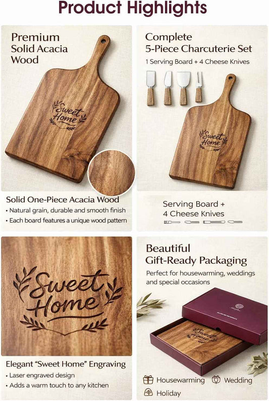 Charcuterie & Cheese Board Set, 5-Piece, 15.7", Acacia Wood | Natural Wood Grain, Smooth Hand-Polished Finish, 4 Cheese Knives Included, Entertaining & Serving, Housewarming Gift