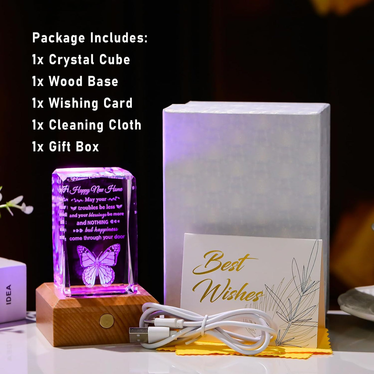 House Warming Gifts New Home Gift Ideas Crystal with LED Wood Base | Housewarming Gifts New Home Apartment for Women Couples Friends, New Houseowner Gifts, Closing Gifts for Home Buyers
