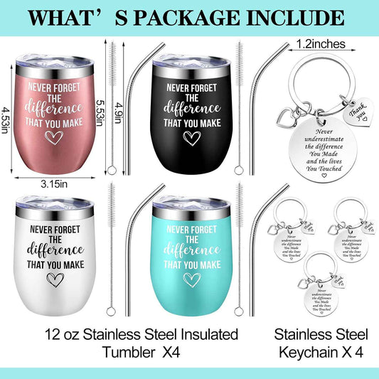 Geiserailie 8 Pcs Thank You Gift for Teacher Employee Never Forget The Difference That You Make 12 oz Stainless Steel Tumbler Keychain Set Team Appreciation Gift for Women Men Coworker (Classic Color)