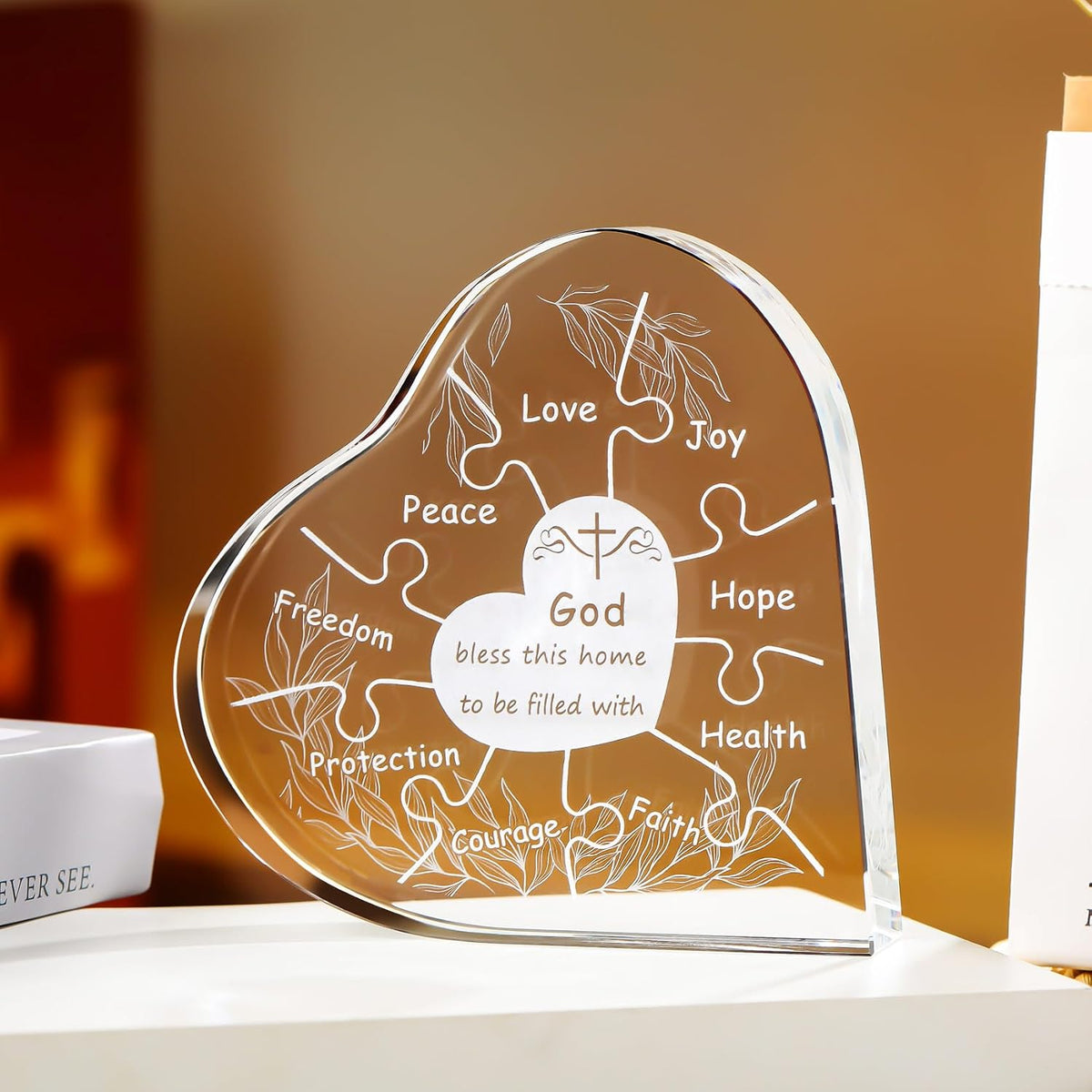 YWHL Christian House Warming Gifts for New Home, God Bless This Home Gifts | Religious Crystal Heart New Home Gift Ideas, Laser Engraving Glass Keepsake, Housewarming Gifts New HomeDecoration