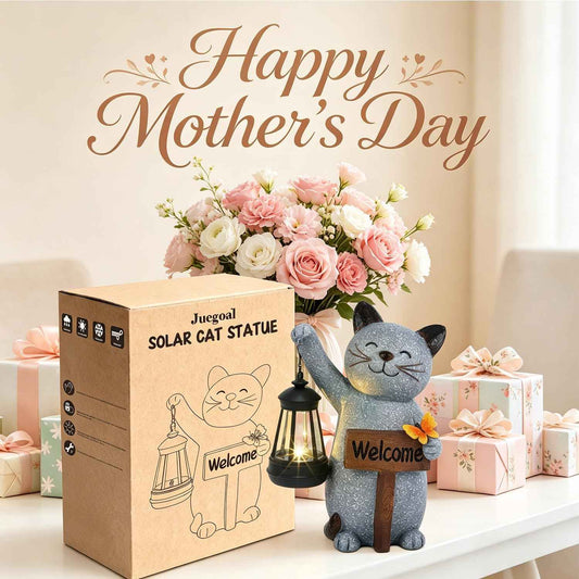 Juegoal Garden Statue Solar Cat Figurine with LED Lantern, Mothers Day 10" Resin Kitten Hold Welcome Sign, Outdoor Whimsical Lawn Porch, Lighted Housewarming Birthday for Mom Grandma