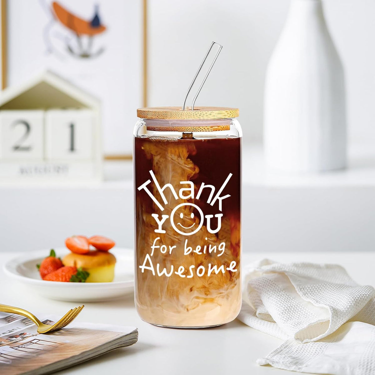 Frerdui Thank You Gift for Women Men, Teacher Appreciation Gifts, Employee Appreciation Gift for Coworkers, Thank You for Being Awesome Glass Cup for Teacher, Nurse | Appreciation Gifts for Coworkers, 16oz Thank You for Being Awesome Glass Cup with Lid...
