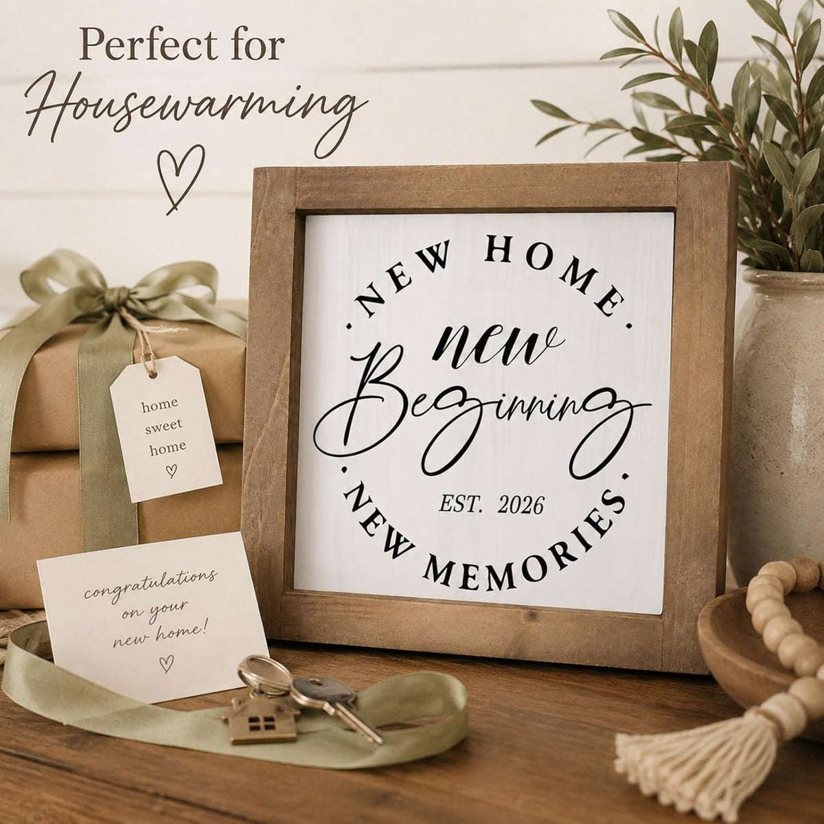 New Home New Beginnings New Memories Sign Housewarming Gifts Decor | Wooden New Home 2026 Gift Ideas for Women Homeowners, Family Indoor Wall Table Shelf Entryway Tray Room Farmhouse Decorations