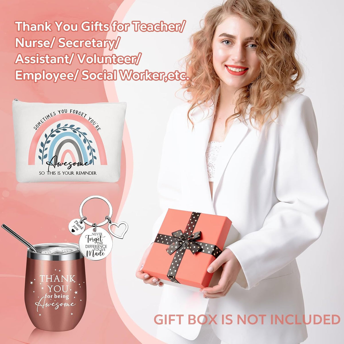 Sieral Thank You Gifts for Women Employee Appreciation Thank You for Being Awesome 12oz Stainless Steel Tumbler Keychain Makeup Bag Teacher Coworker Students Back to School Gifts(Rainbow)