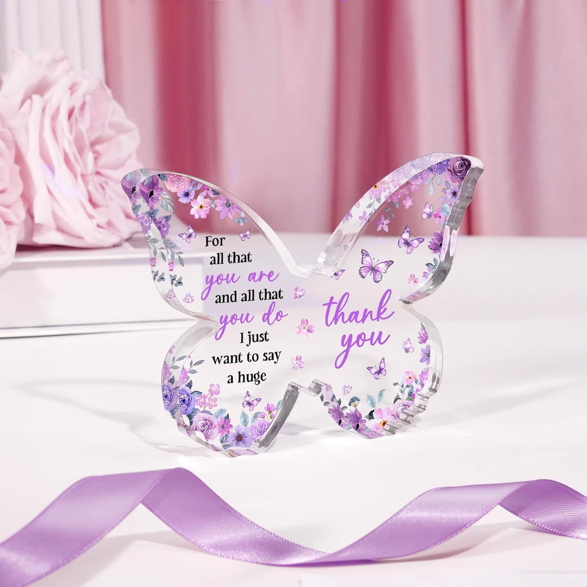 Thank You Gifts for Women, Appreciation Gifts for Employee Teacher Coworker Nurse Friend, 5x3.8x0.5 Inch Butterfly Acrylic Plaque Decor, Graduation Wedding Thank You Grateful Gift Bulk - Purple