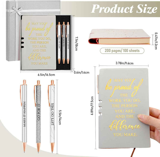 Resurhang 5 Pcs Employee Appreciation Gift Journal Notebook Silver | Leather Notebook, 3 Ballpoint Pen with Box, Thank You Gift, for Nurse Volunteer Teacher Secretary Assistant Coworker Women