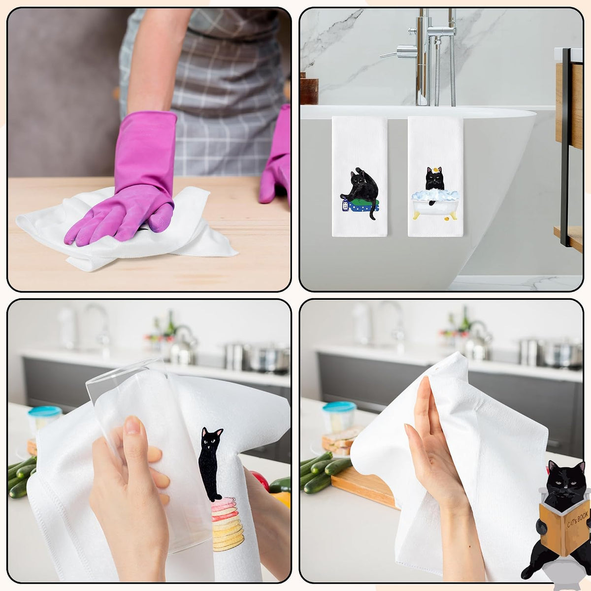 Black Cat Hand Towel - 6Pcs Funny Bathroom Black Cat Decorative Cloths Set Absorbent Polyester Towels for Bath Bar Room Decor, Housewarming Gift for Hostess & Home