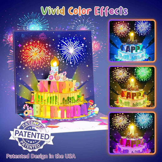 INPHER UPGRADED Blowable Birthday Cards 3D Pop Up Fireworks Cake Light and Music Happy Birthday Card Gifts for Women Men Mom Kids