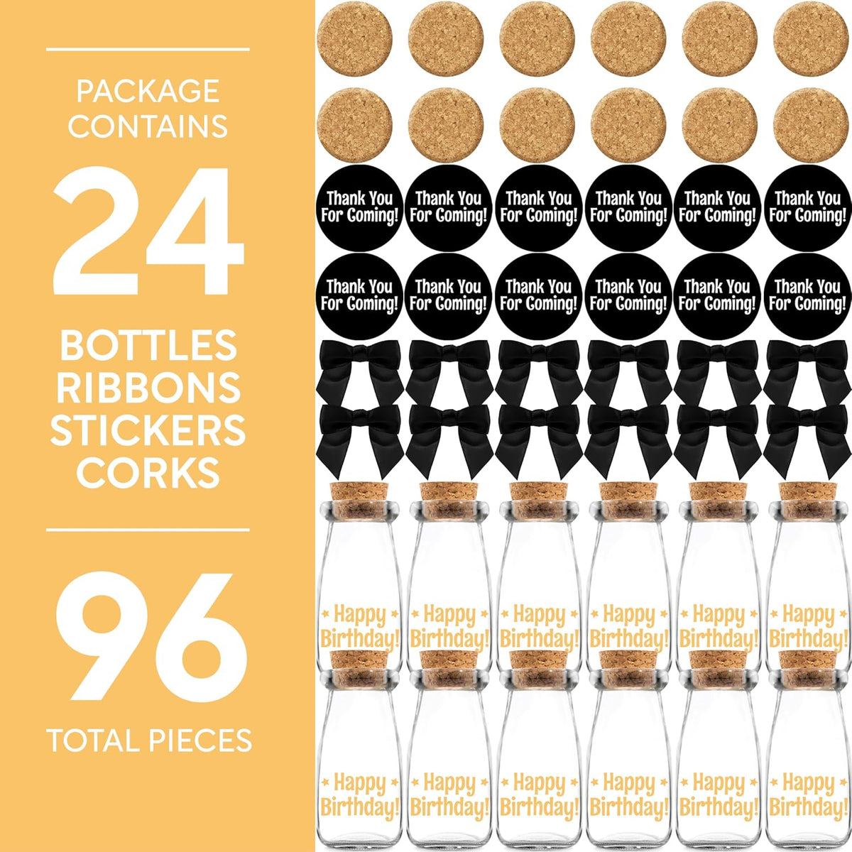 Ethisa Vintage 24 Pack Adult Birthday Party Favors Glass Bottles with Ribbons and Stickers - Classy Happy Birthday Favors and Table Centerpieces Decorations - Sturdy Candy Jar for Guests