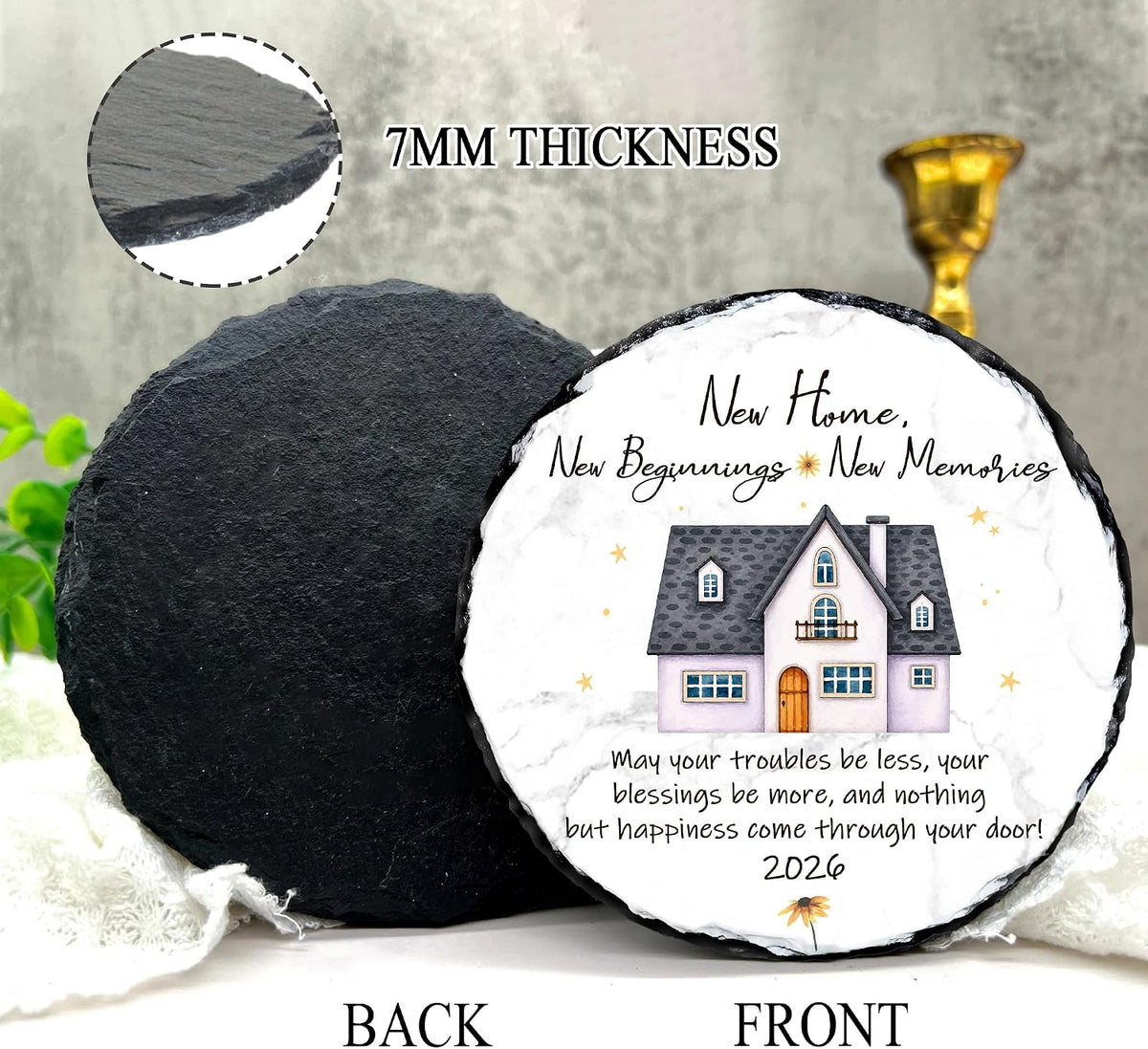 New Home Gift Slate Plaque – New Beginnings New Memories – Housewarming Gifts for New Homeowner, First Home Gift 2026, Natural Slate Stone with Stand