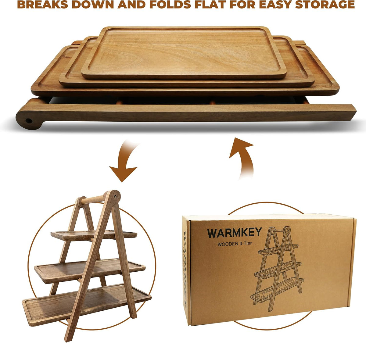 Acacia Wood 3 Tier Foldable Serving Tray, Farmhouse Tiered Display Stand for Charcuterie, Cheese, Desserts & Snacks, Wooden Organizer for Kitchen Counter, Coffee Bar and Party Entertaining