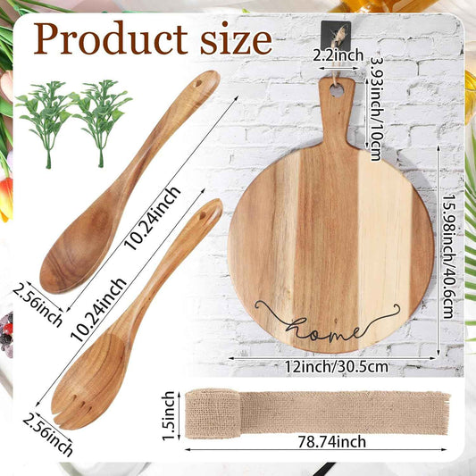 Patelai Wooden Cutting Board with Spoon Fork, Round Charcuterie Board | Housewarming Hostess Gift with Ribbon Decoration, Natural Wood Handle, Serves Cheese Fruit Bread Salad
