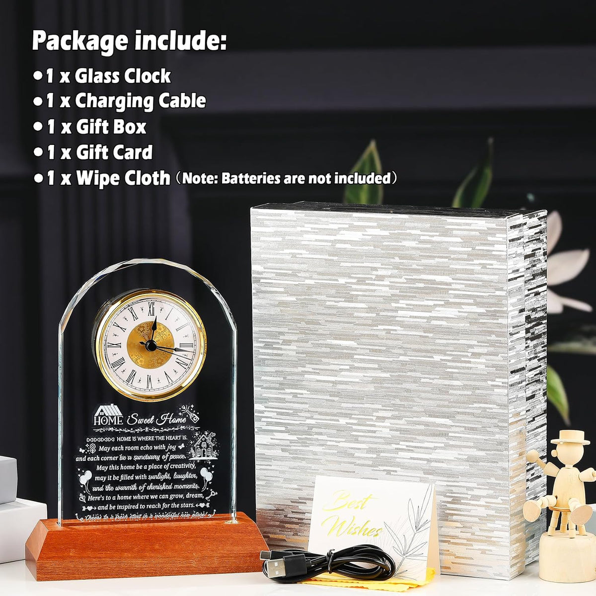 Arikyrist House Warming Gifts New Home Glass Clock New Home Gift Ideas | Crystal Housewarming Gifts for Couples Family Women Men, Home Blessing Keepsakes, with Wooden LED Light Base, Tabletop Decor