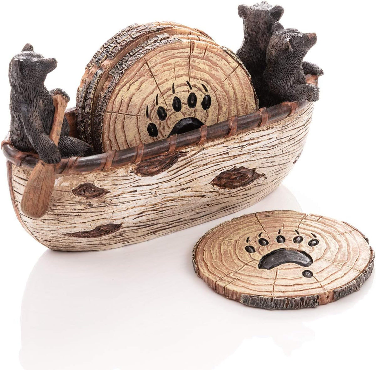 Cabin Obsession Bear Coasters - Set of 6 Full Size Rustic Coasters in Handmade Canoe with Adorable Black Bear Figurines - Log Cabin Decorations, Rustic Lodge Decor for The Home