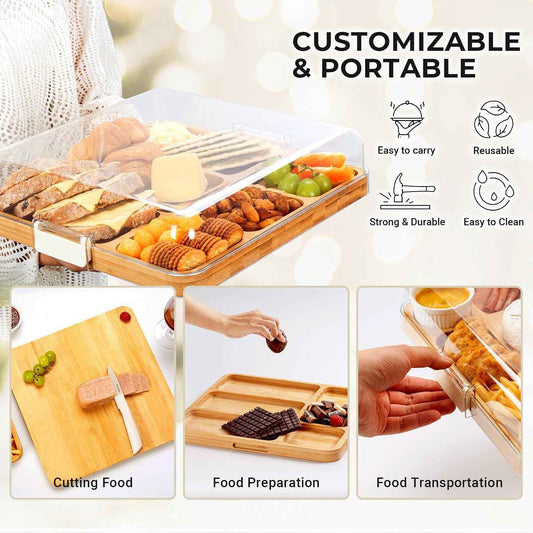 Charcuterie Boards, Bamboo Charcuterie Board with Lid, Cheese Board with Buckle Locking, Cutting Boards for Kitchen, House Warming Gifts New Home, Gifts for Women, 6 Compartments