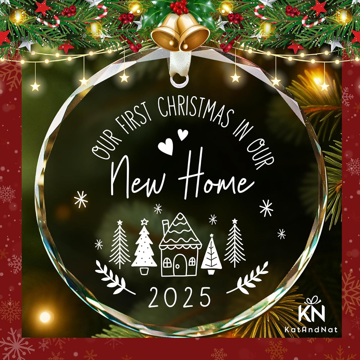 KatAndNat House Warming Gifts New Home - New Home Ornament 2025 - Housewarming Gifts for First House, Housewarming Gift Ideas for Couple - Home Ornaments for Women - Glass Our First Home Ornament 2025