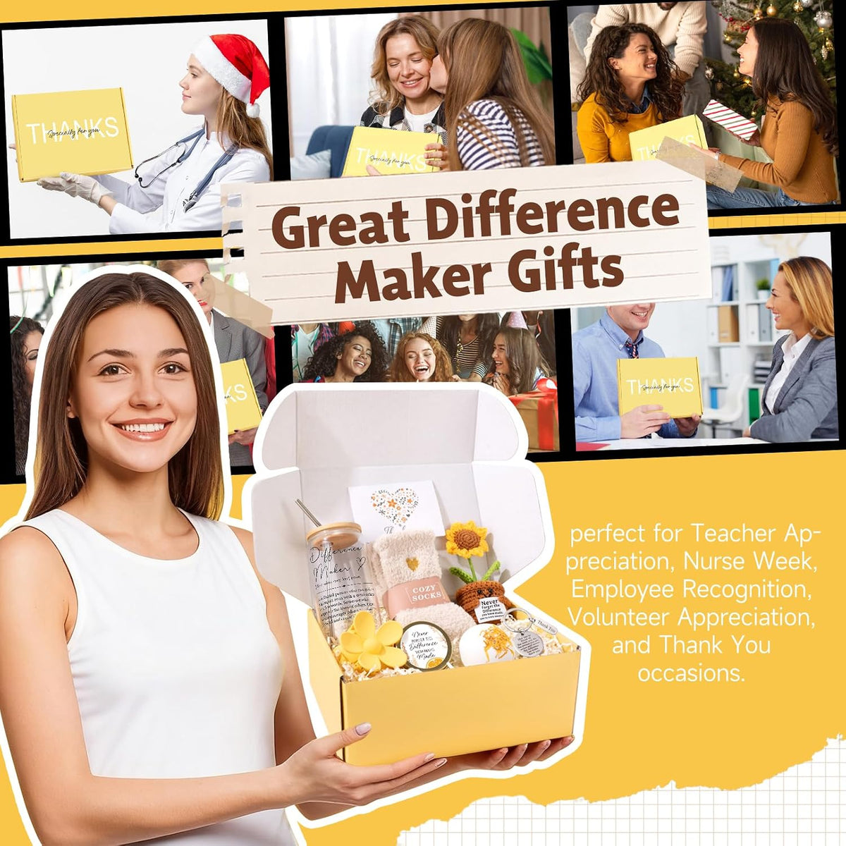 Thank You Gifts for Women, Employee Appreciation Gifts, Teacher Appreciation, Recognition Gift with 16oz Difference Maker Glass, Gift Basket for Coworkers Boss Nurse School Counselor, Thanksgiving