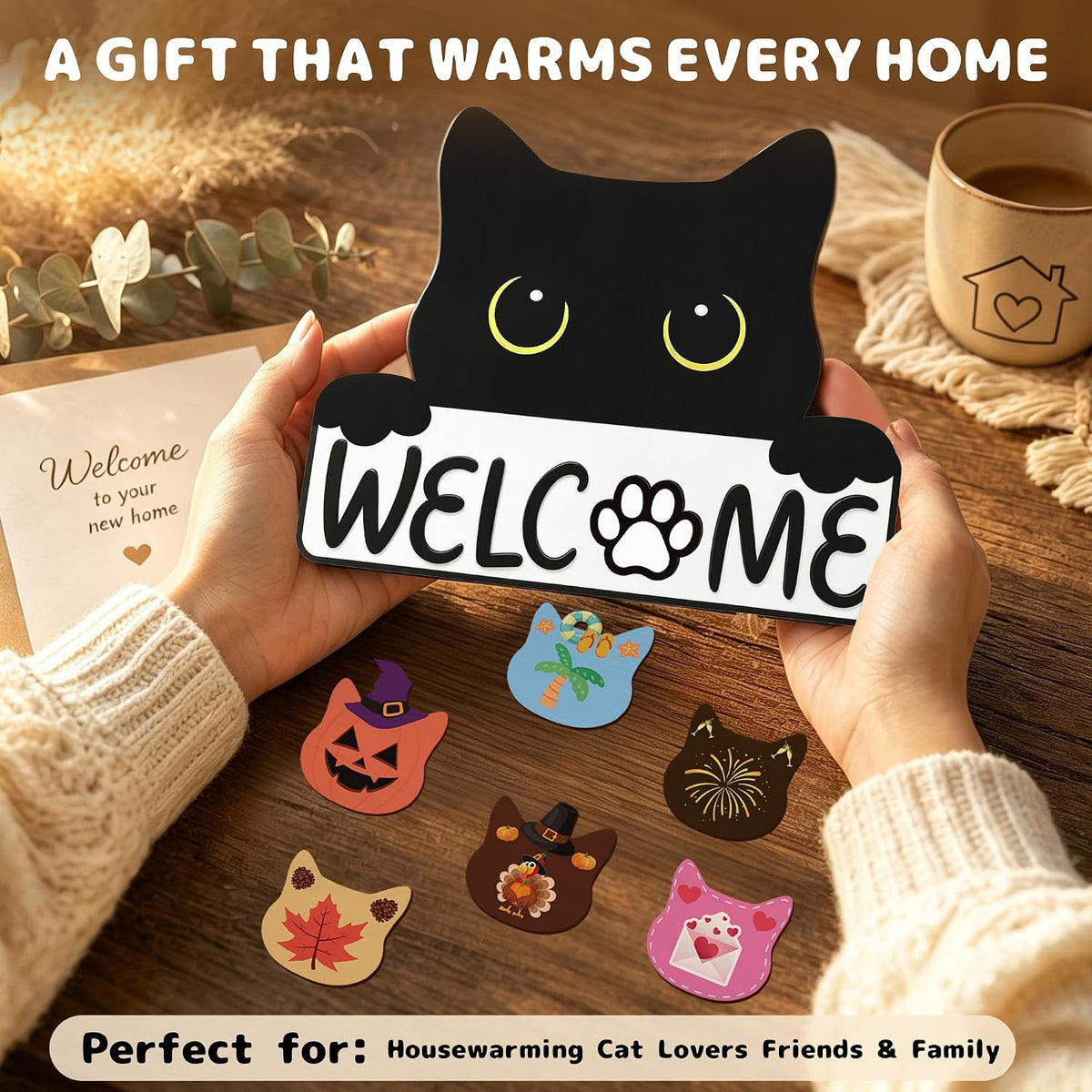 Cute Cat Interchangeable Welcome Home Sign for Front Door, Farmhouse Wooden Door Hanger with 18 Seasonal Icons, Porch, Entryway & Wall Decor, Housewarming Gift