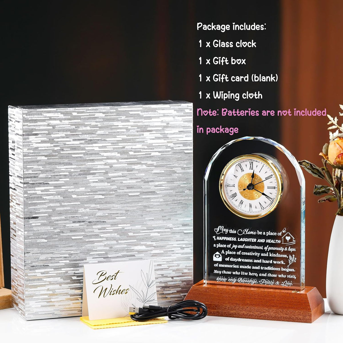 Arikyrist House Warming Gifts New Home Glass Clock with Wooden Light Base | Housewarming Gifts, New Home Plaque, Keepsake Ideas for Women Men Parents Friends Couples Family, Home Desk Tabletop Decor