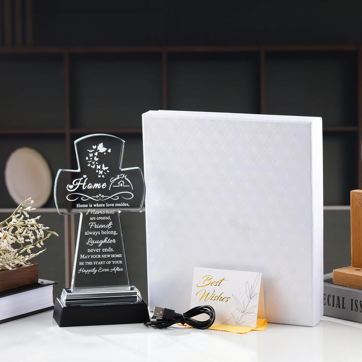 Qianwei House Warming Gifts New Home - Crystal Cross Gift for Home Decor with Led - Best Unique Housewarming Decor Present Ideas for New House Homeowner Men Friend Family