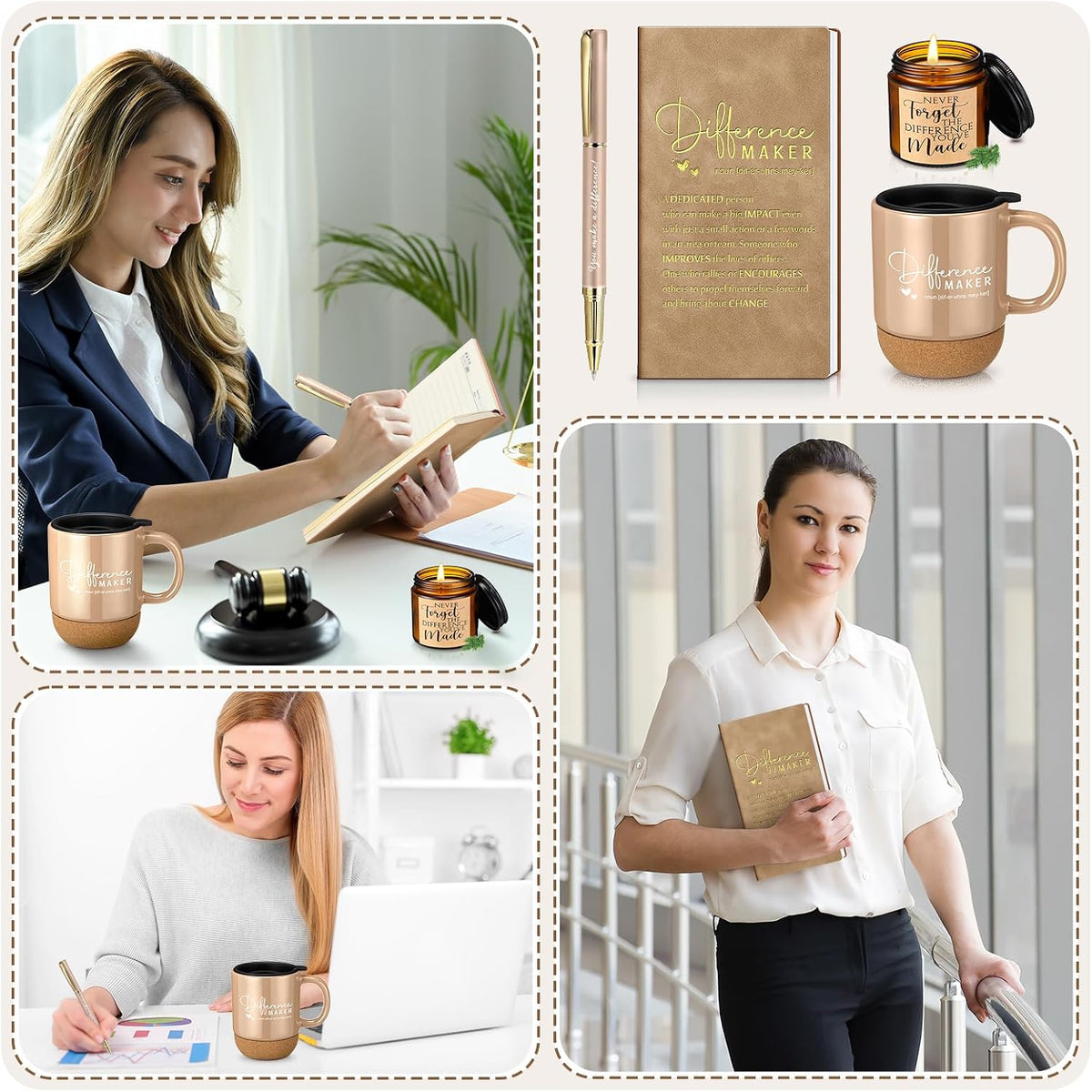 Vesici 4 Pcs Difference Maker Gift Set Mug Notebook Candle Pen, Brown, Word | Thank You Gift Set for Women, Men, Teacher, Nurse, Coworker, Employee, and Boss Back to School Teacher Appreciation Gifts