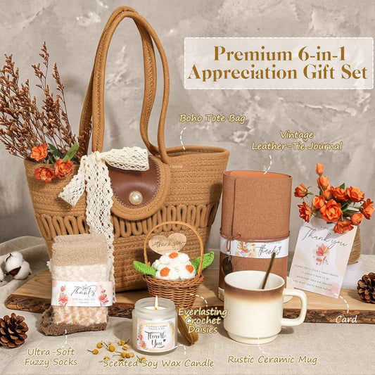 Thank You Gifts for Women,Teacher Employee Appreciation Gift,6PCS Vintage Appreciation Gift Basket for Coworkers Nurse Friends Boss with Woven Tote Bag,Leather Journal,Mug Candle