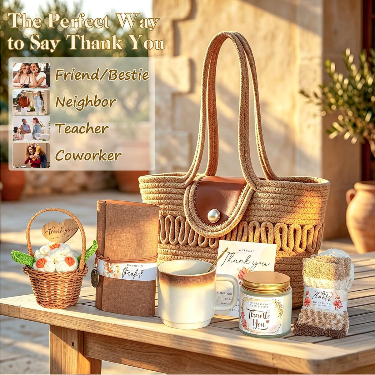 Thank You Gifts for Women,Teacher Employee Appreciation Gift,6PCS Vintage Appreciation Gift Basket for Coworkers Nurse Friends Boss with Woven Tote Bag,Leather Journal,Mug Candle