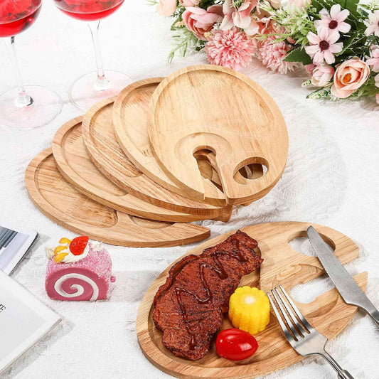 SiliFine 6 Pcs Wine Appetizer Plates with Wine Glass Holder Mini Charcuterie Board Glass Plates Set Picnic Tray for Party, Gatherings, Entertaining, 9 x 6(Rubber Wood)