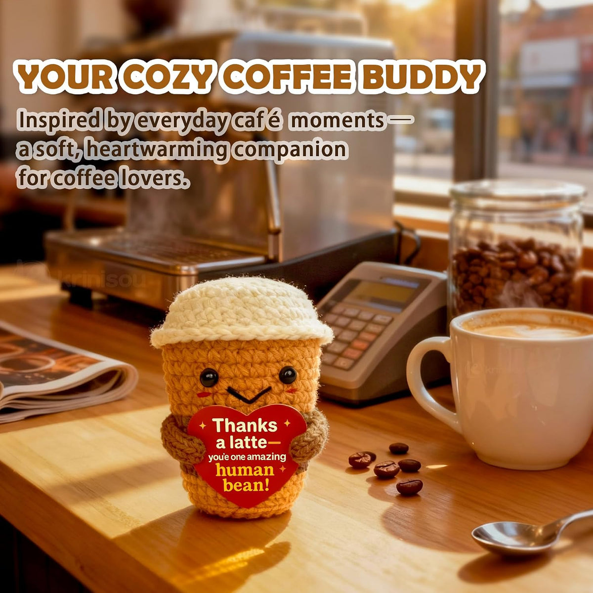 Thank You Appreciation Gift for Women Men Coworkers Teachers Friends | Cute Handmade Crochet “Thanks a Latte” Coffee Cup Plush for Coffee Lovers