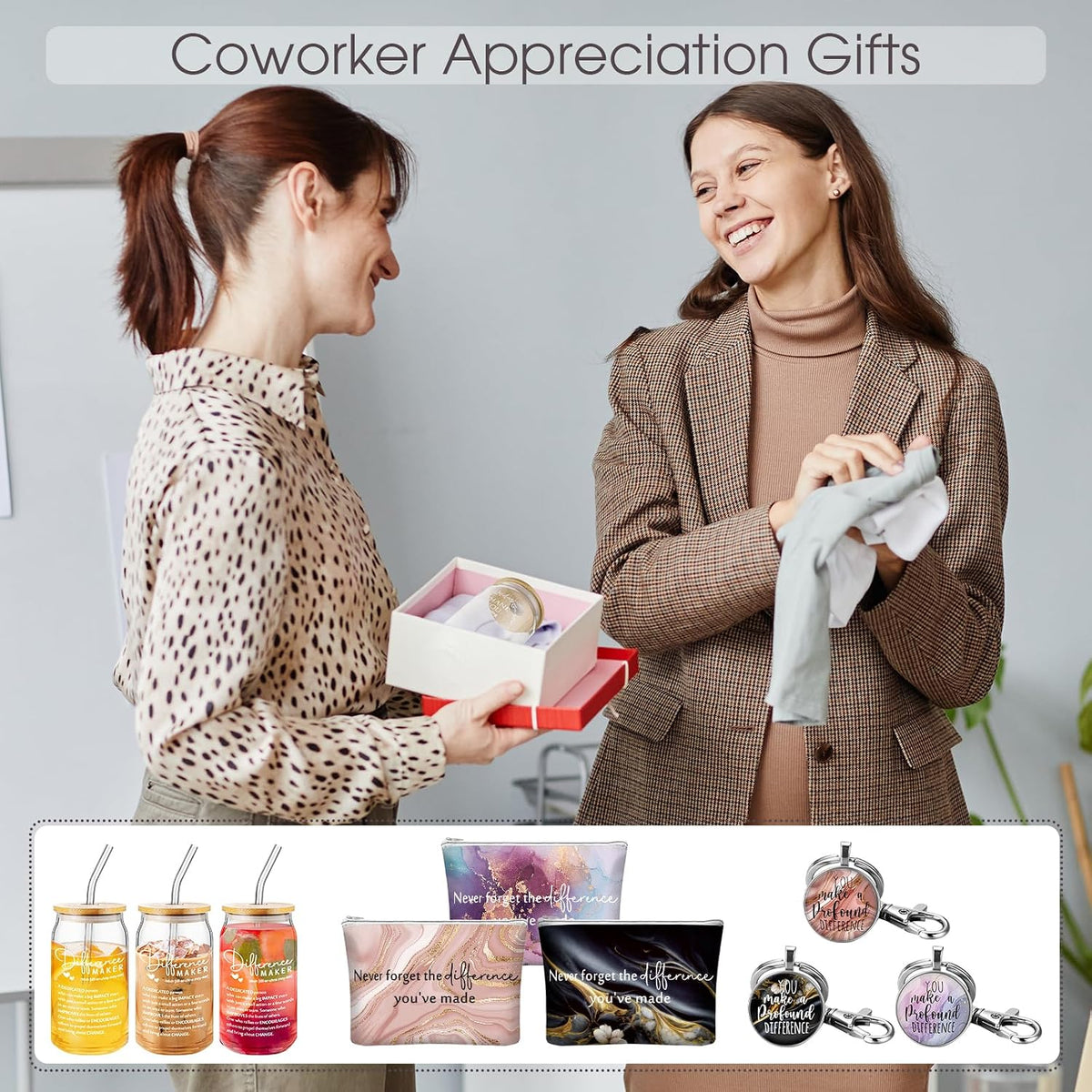 Hoolerry 9 Pcs Thank You Gifts for Women Employee, Difference Maker | 16oz Glass Cup, Motivational Pouch, Teacher Appreciation Keychain for Boss Coworkers Nurse Volunteer Team Social Worker Gifts