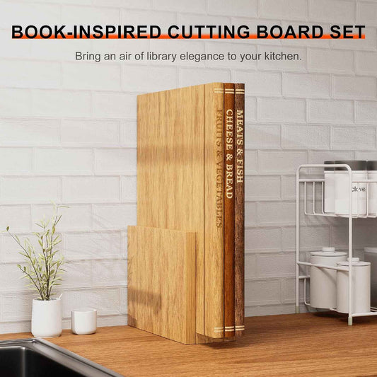 Book Cutting Board Set of 3, Wooden Boards That Look Like Books | Labeled for meat, fish, cheese, bread, fruits and vegetables; upright stand saves space for kitchen display and gifting.