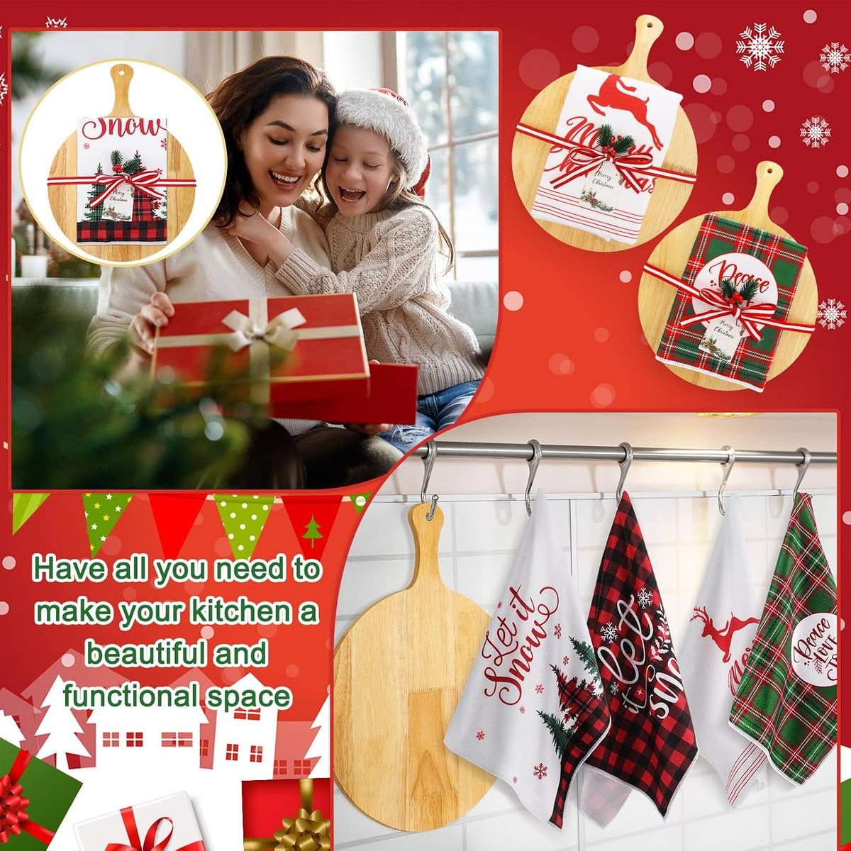 4 Set 15.7in Christmas Cutting Board Bulk Christmas Kitchen Gift Set Wooden Cheese Charcuterie Board Kit with Tea Towels Red Berry Housewarming Gifts for Neighbor Xmas Holiday Party Decors
