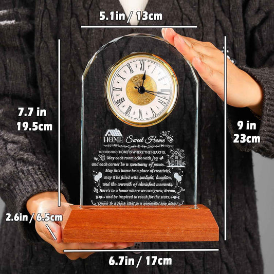 Arikyrist House Warming Gifts New Home Glass Clock New Home Gift Ideas | Crystal Housewarming Gifts for Couples Family Women Men, Home Blessing Keepsakes, with Wooden LED Light Base, Tabletop Decor