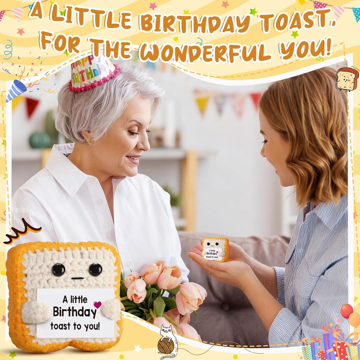 A little Birthday Toast to you - Funny Happy Birthday Gifts for Women, Men, Mom, Dad, Sister, Best Friend - Unique Birthday Decorations Crochet Toast Gift Card for Her Him Coworker Gifts Ideas