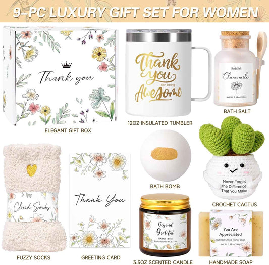 iAOVUEBY 9PCS Thank You Gifts for Women, Employee Appreciation Gift Basket with Tumbler, Appreciation Gift for Coworkers, Teachers, Boss, Nurse, Secretary