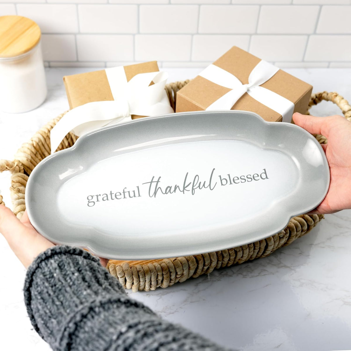 Pavilion Gift Company - Grateful Thankful Blessed - Scalloped Ombre 12" Serving Tray Dish Housewarming Thanksgiving Gift Neutral Serveware Present