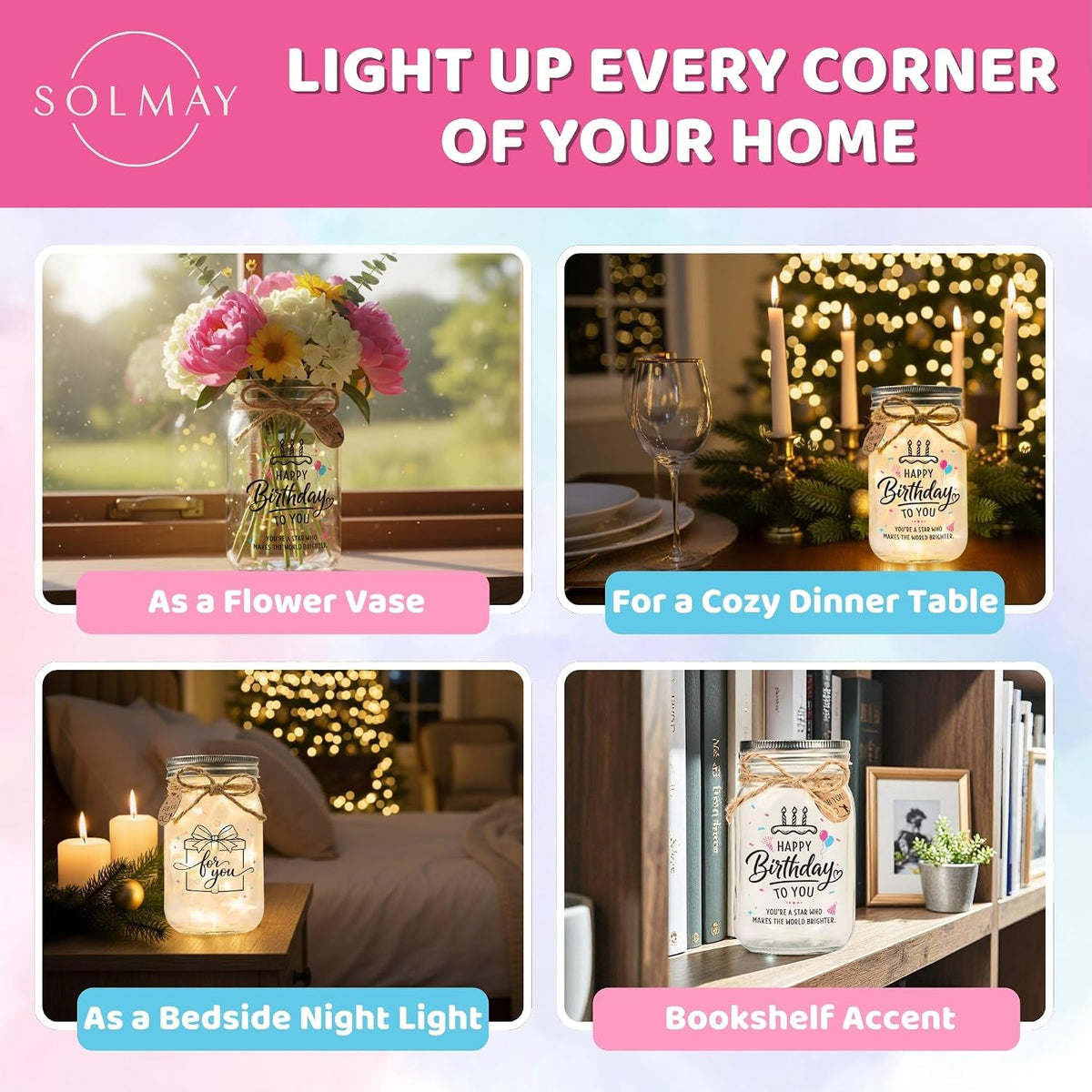 Solmay Birthday Gifts for Women, Mason Jar Night Light | Sentimental friendship keepsake & cute celebration decor for a best friend, daughter, sister or mom; a present for her
