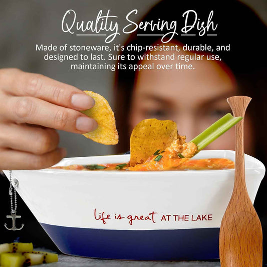 Pavilion Gift Company 67541 12 Oz Stoneware Boat Dish Server with Wooden Oar Scoop Life is At The Lake, Blue