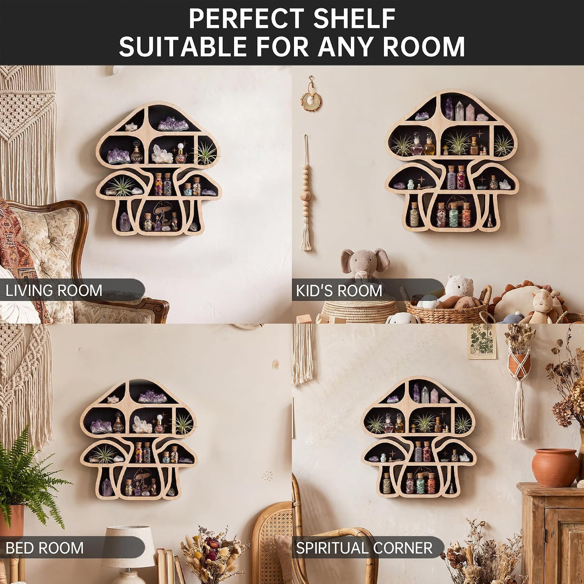 Mushroom Decor Floating Shelves, Crystal Display Shelf, Whimsy Wall Decor | Wall mounted mushroom shelf for crystals, rocks, gems and stones, cute Home wall decor and display,for bedroom living room