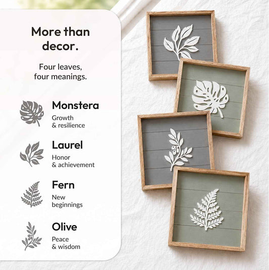 Tide and Tales Leaves of Meaning 3D Botanical Wall Art (Set of 4) Framed Boho Wall Art for Living Room, Bedroom & Bathroom, House Warming Gifts for New Home, Leaf Farmhouse Home Decor 10"x10"