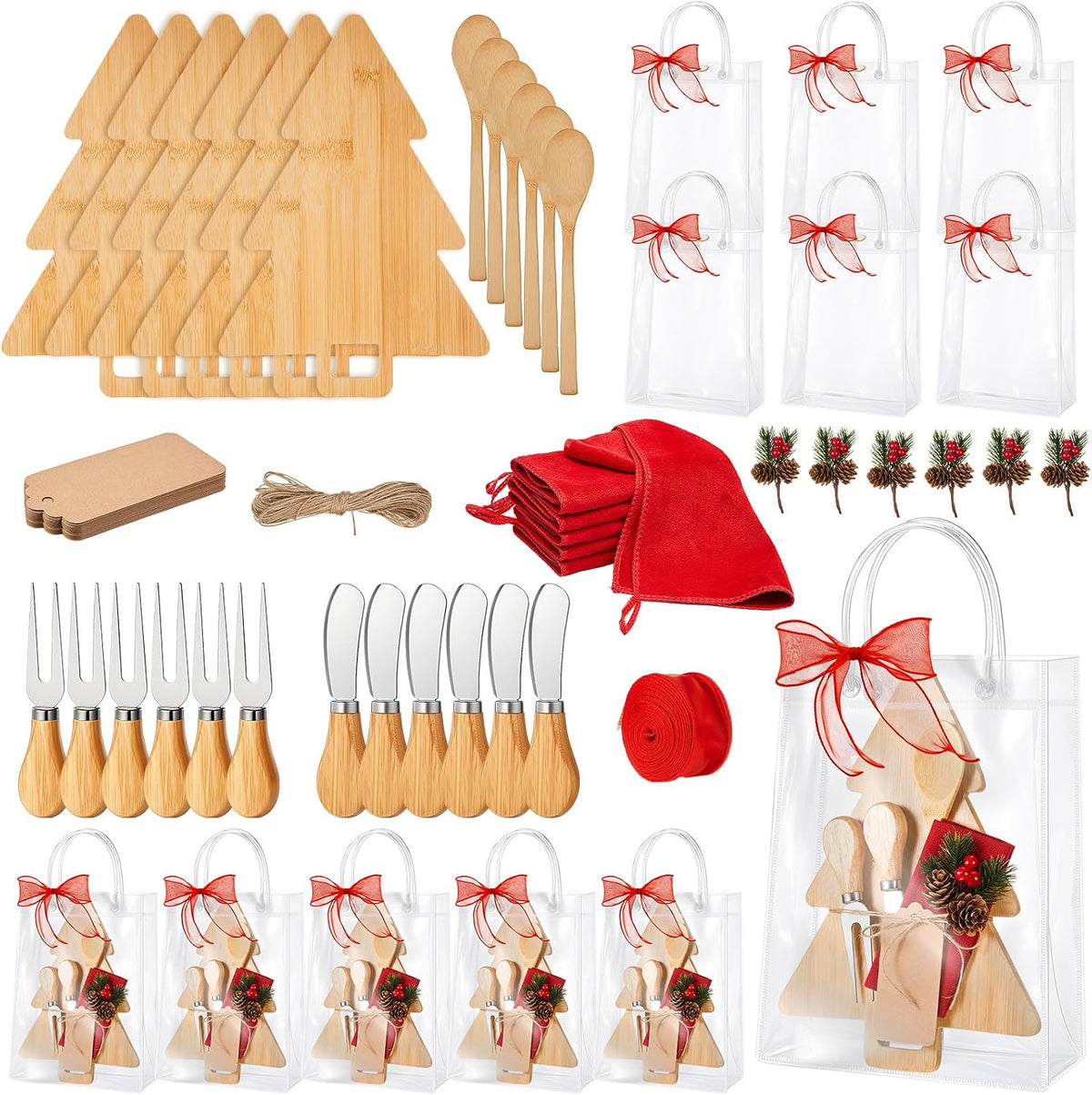 Acellegic 6 Sets Christmas Cheese Cutting Board Gift Set, Christmas Kitchen Gifts Bamboo Charcuterie Board with Fork Spoon Butter Knives Towels Bags Tags Ribbon Housewarming Gift (Xmas Tree)