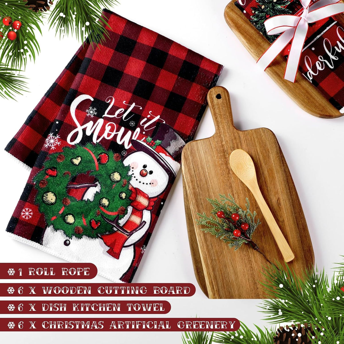 Fanfanwin 6 Sets Christmas Kitchen Gifts Pine Branches Acacia Cutting Board Cooking Spoon Towel Ribbon for Xmas Decoration Friends Family Client Homeowner Apartment Closing Housewarming Favors