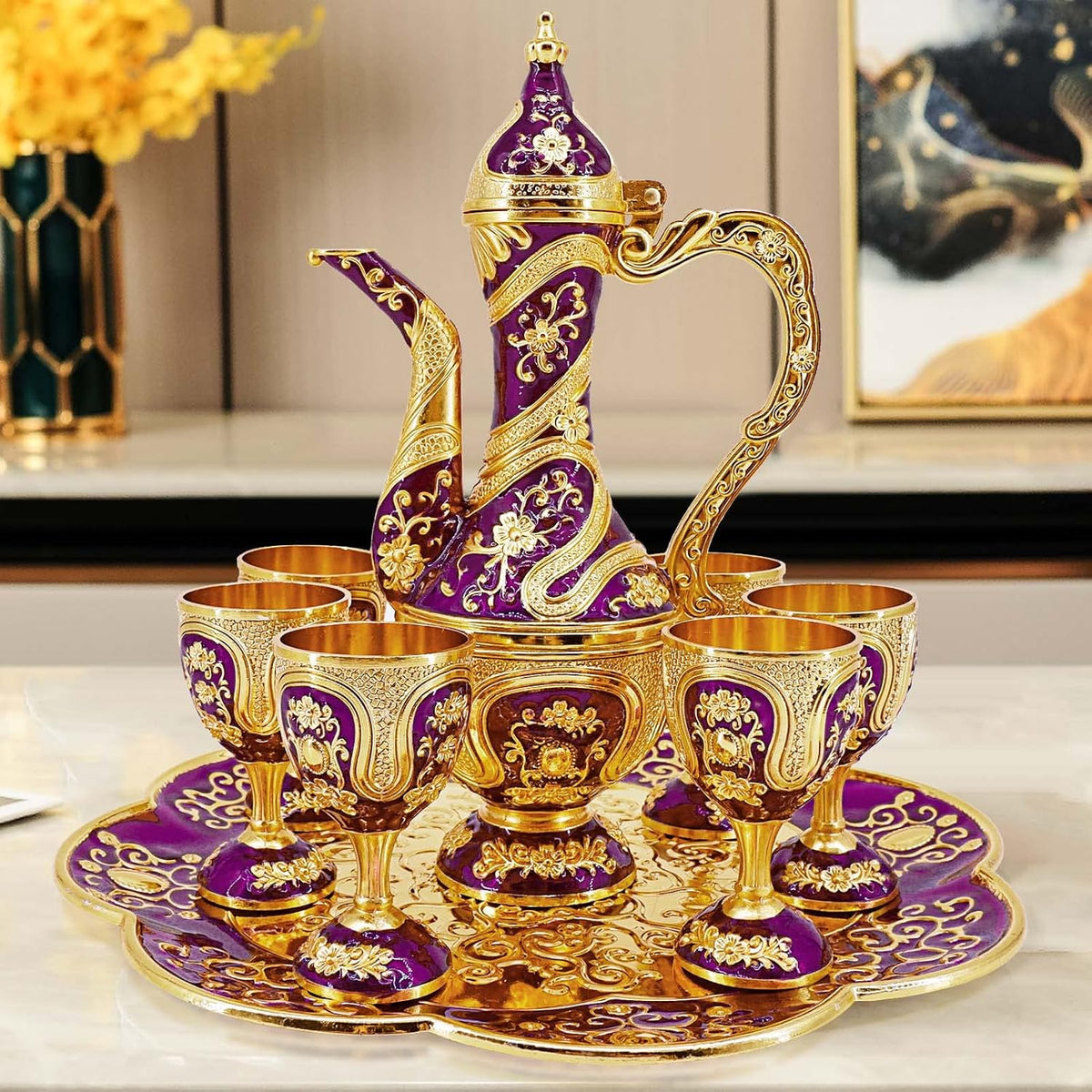 Turkish Tea Coffee Cup and Pot Set Including Teapot,Tea Tray,6 Cups | Vintage Metal,Service set Table Cabinet,Hip Flask Home Party Decor,Middle Eastern, Greek style (Gold and Purple)