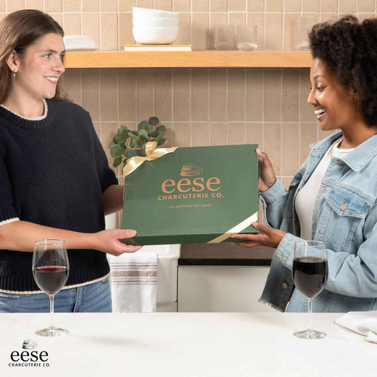 Eese Charcuterie Board Set, 14 x 11 Inch Bamboo Cheese Board with Cheese Knife Set, Deep Groove Serving Tray, Screw-Mount Utensil Holder, Gift for Housewarming & Entertaining