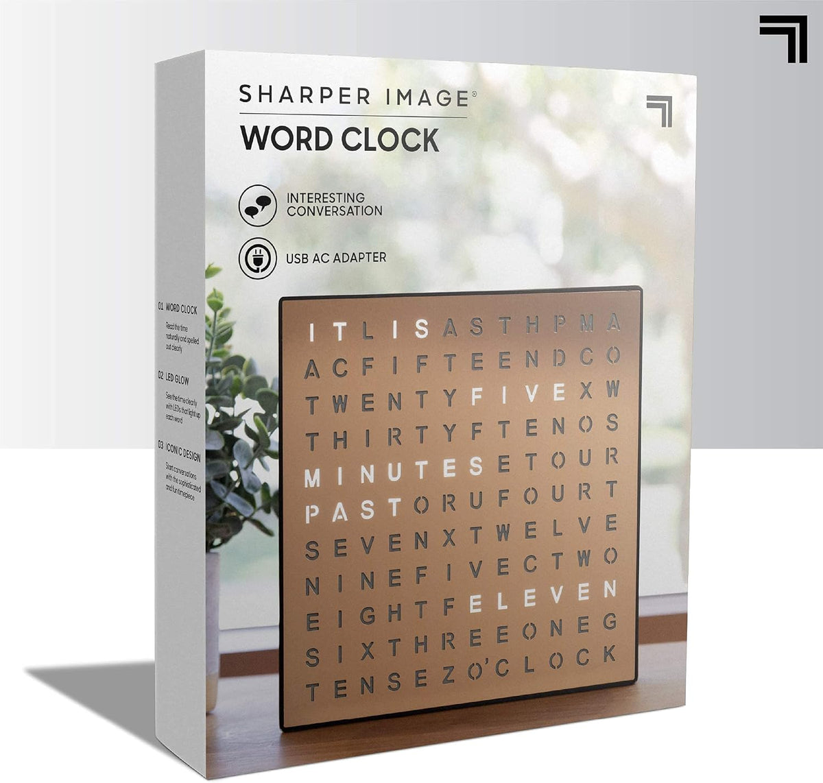 Sharper Image LED Word Digital Clock, 7.75", Copper Finish, Light-Up Desk & Wall Clock, Modern Time Display, Shelf or Wall Decor for Home Office, Living Room, Kitchen & Bedroom, Housewarming Gift