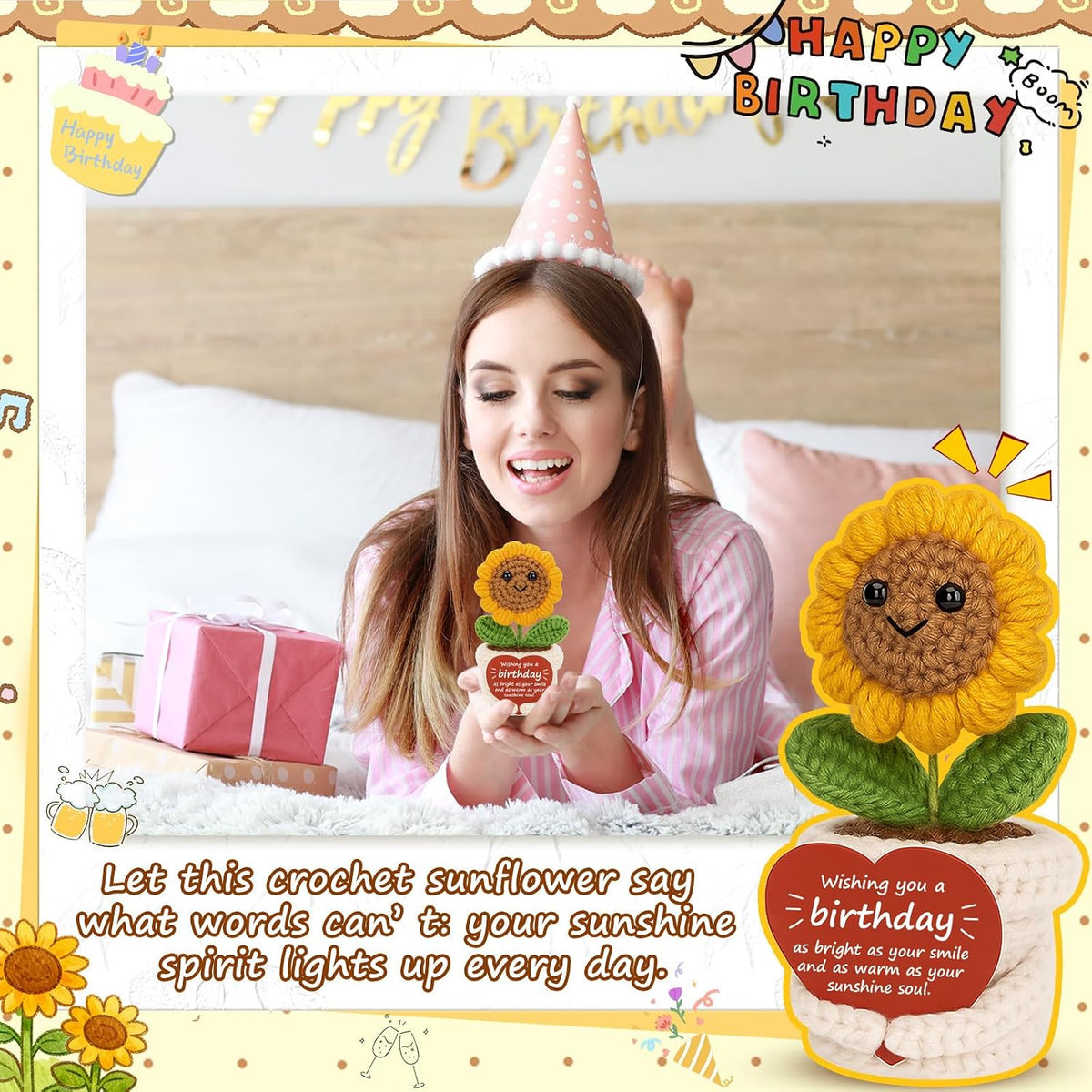 Crochet Sunflower Plush – Inspirational Funny Happy Birthday Gifts for Women Man, Mom, Sister, Best Friend, Coworker – Unique Gift Ideas for Her, Him, Birthday Decorations/Mothers Day