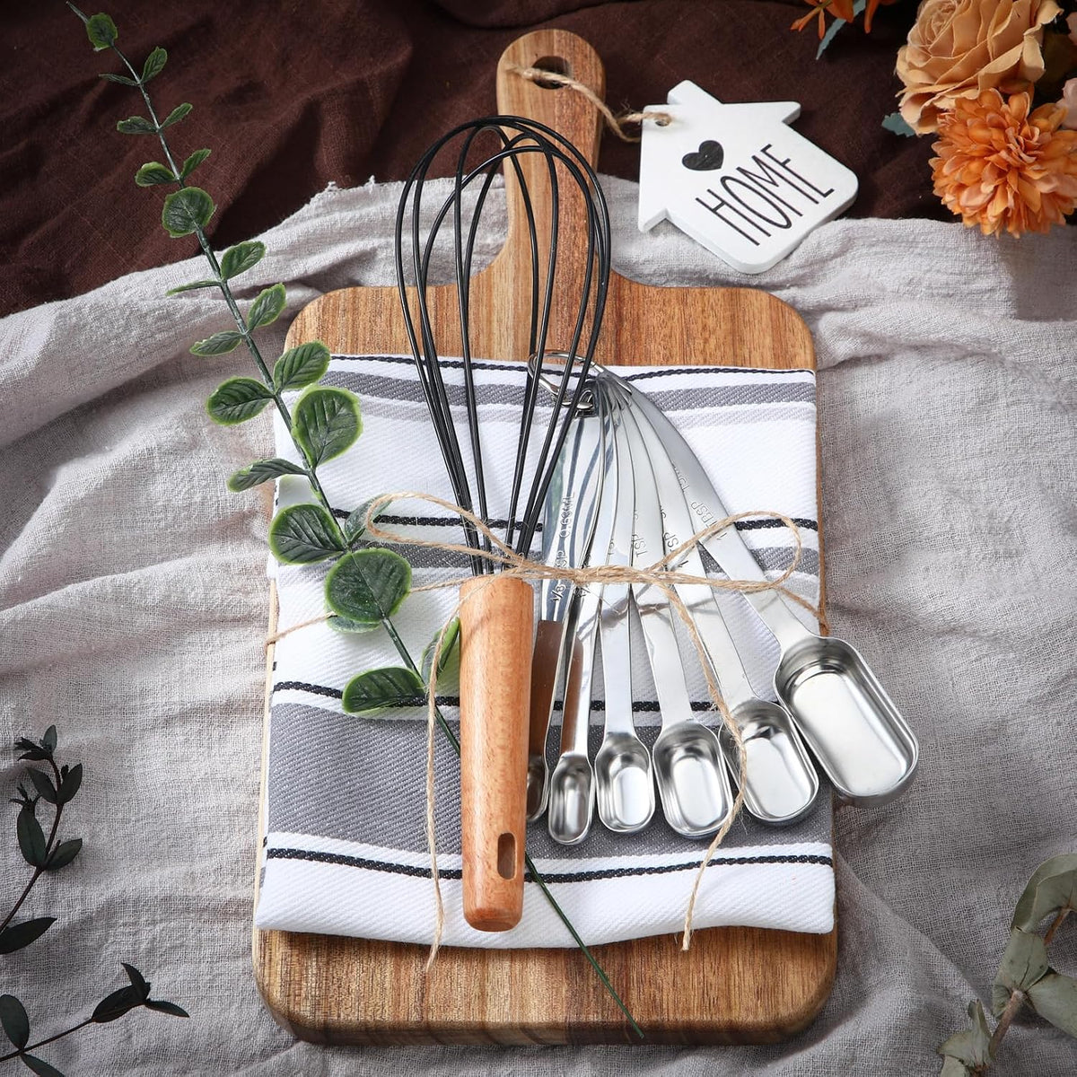Patelai 7 Pcs Housewarming Gifts Set, Cutting Board Towels Spoons Whisk | Wood Board, Striped Towels, Metal Spoons, Silicone Whisk, Wedding Bridal Shower Gift for Newlywed Homeowner Kitchen