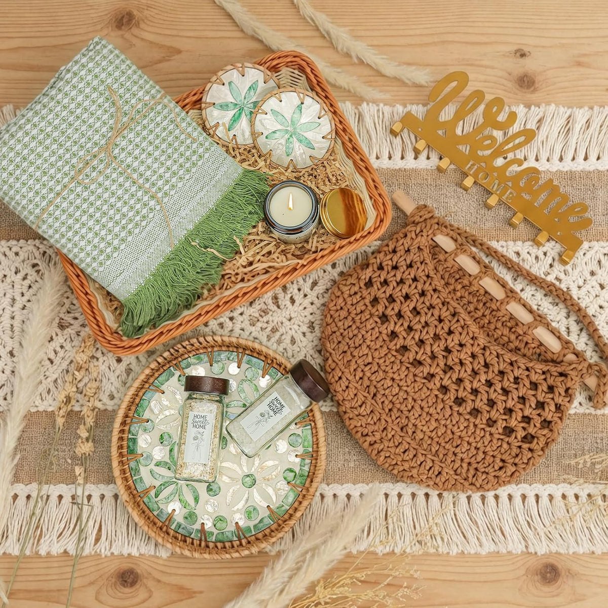 House Warming Gifts New Home | 10PCS New House Gift Basket with Rattan Tray | Natural Woven Home Décor Set for Homeowners, Couples, Women | Modern Boho NewHome Gift Ideas Realtor Closing Gifts