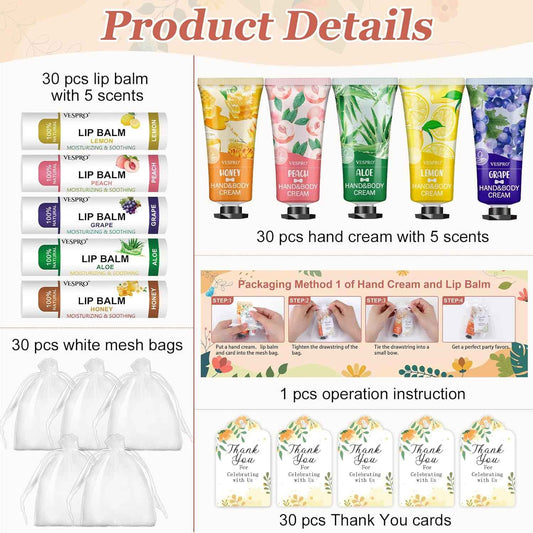 VESPRO 30 Pack Bulk Hand Cream and Bulk Lip Balm Sets, Bridesmaid Gifts, Wedding Favors for Guests with Thank You Card and Organza Bags, Birthday Gift, Teacher Appreciation Gifts and Party Favors