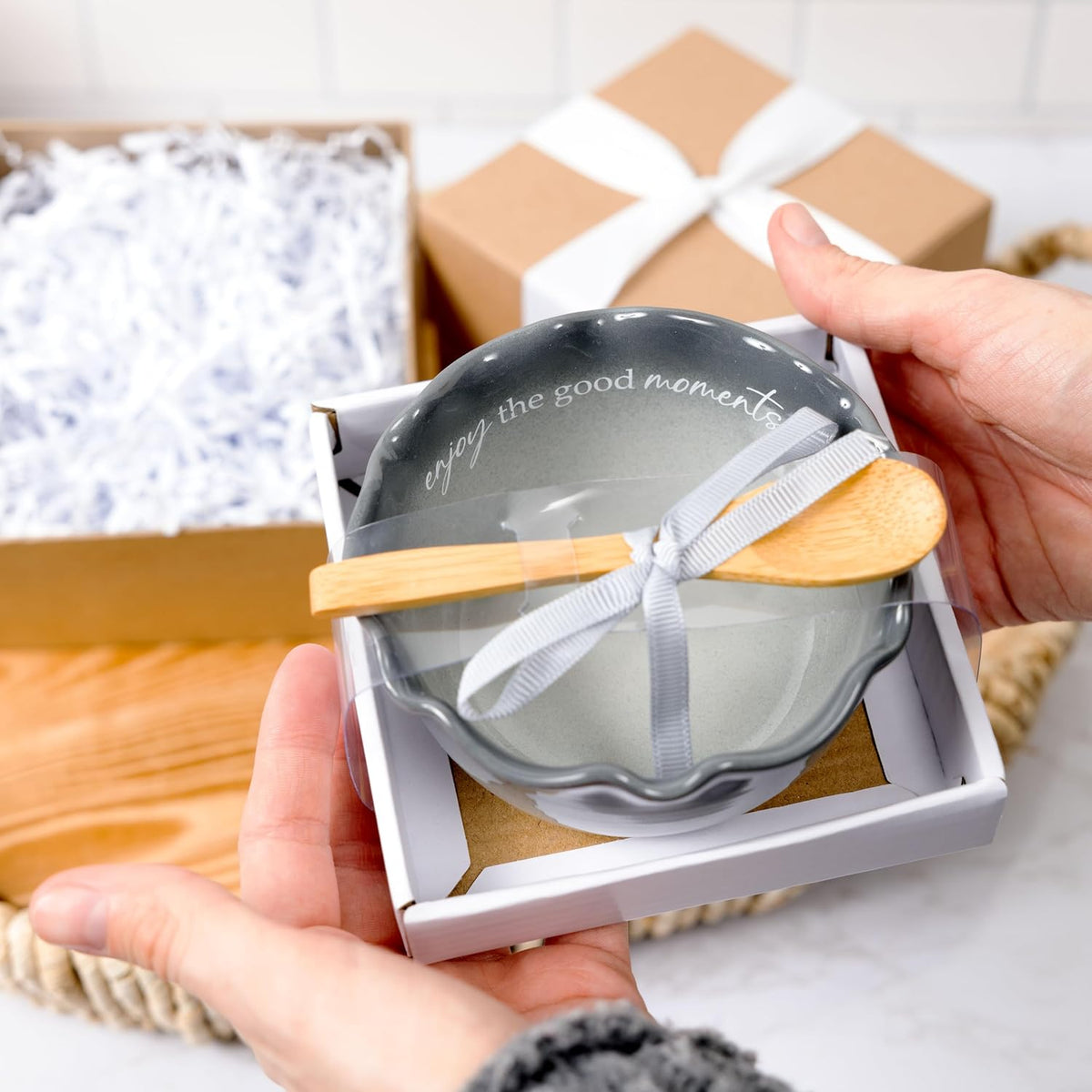 Pavilion Gift Company - Enjoy The Good Moments - 4.5" Ceramic Bowl With Bamboo Serving Spoon Neutral Ombre Kitchen Serveware Housewarming Gift Hostest Host Present